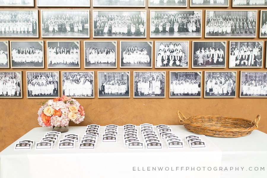 place cards set up in front of an archive class photos