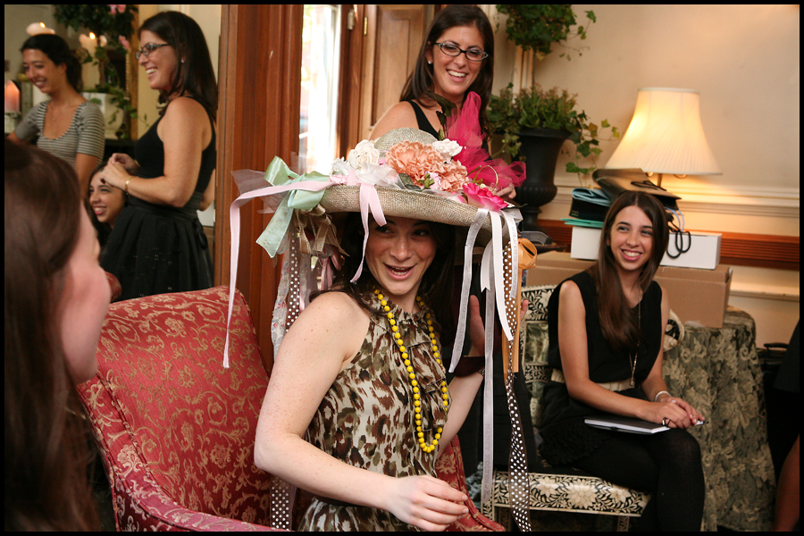 bridalribbonhat1735 Pam in her hat decorated with ribbons